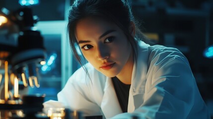 Asian female scientist in a laboratory conducting microscope research