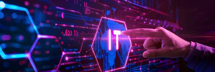 IT Technology Finger Touchscreen with Hexagon, Data, and Futuristic Design