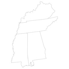 US regions of East South Central.  East South Central states in state with white color.