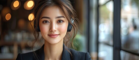 Obraz premium An Asian businesswoman in a suit and headset is smiling as she works with a computer in an office, exemplifying a customer service assistant, with a VOIP helpdesk headset, set against a panoramic