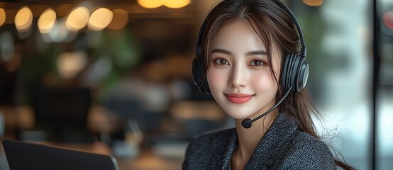A smiling Asian businesswoman wearing a suit and headset works on a computer in an office setting, representing a customer service assistant utilizing a VOIP helpdesk headset, all set against a