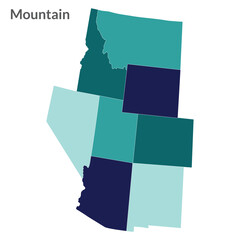 USA states Rocky Mountain regions map. Regions of the United States of America Rocky Mountain each state with multicolor.