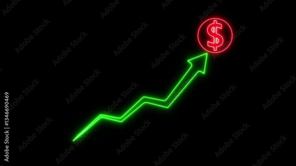 Poster dollar coin with arrows pointing up isolated on black background. cash with up arrow stocks graph. m