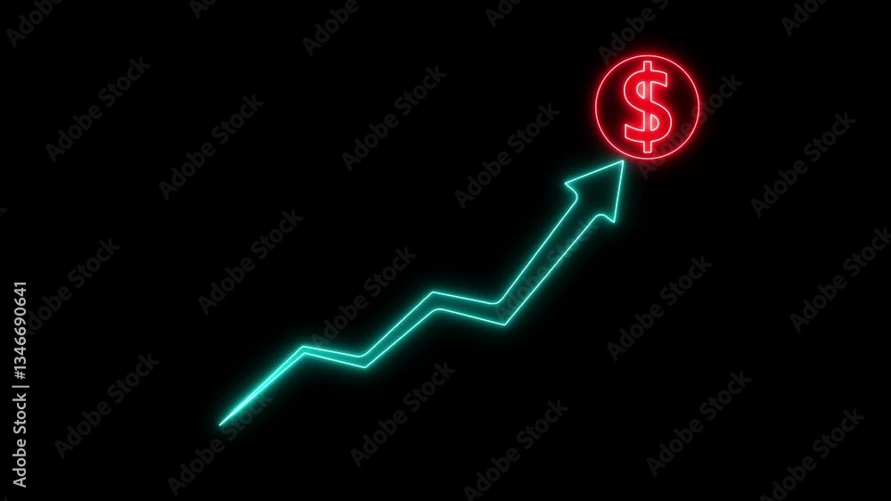 Poster dollar coin with arrows pointing up isolated on black background. cash with up arrow stocks graph. m