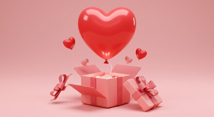 Pink heart balloon rising from gift box soft light romantic scene. AI Generated