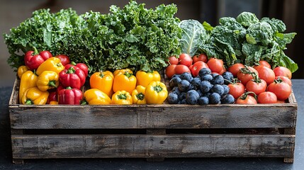 Fresh Organic Vegetables and Fruits in a Rustic Wooden Crate Displayed on a Dark Surface
