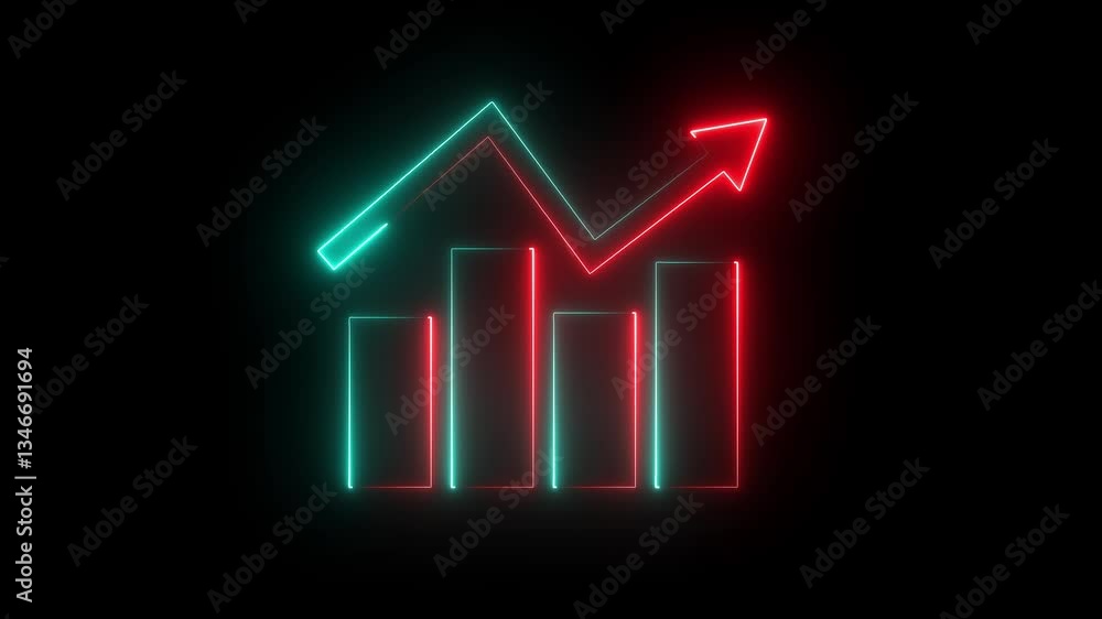 Poster neon business graph animation icon. up arrow business graph icon animated on black background. succe