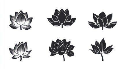 Six lotus flower designs; white background; design elements; website or print