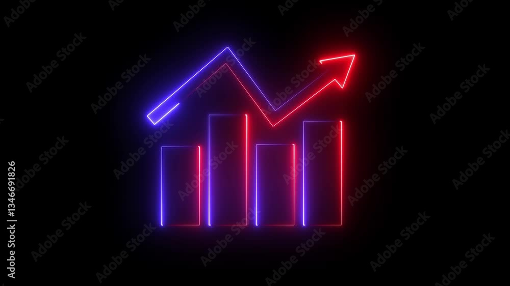 Poster neon business graph animation icon. up arrow business graph icon animated on black background. succe