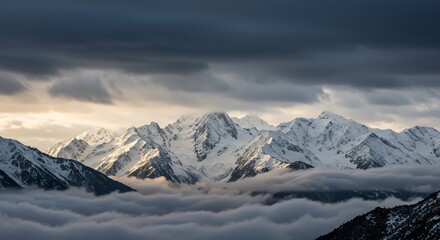 Fototapeta premium Dramatic mountain range sunrise snow capped peaks above clouds. AI Generated