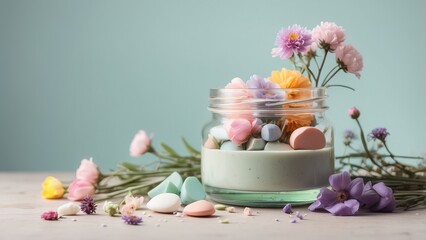 A flat lay arrangement featuring five artisanal soap bars in varying colors—white,