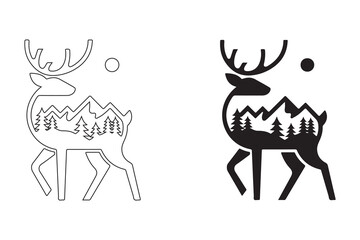 Deer Silhouette with Forest and Mountains Design. Fully editable Flat and Outline.