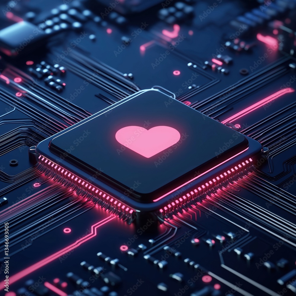 Poster a vibrant circuit board with a central processor, featuring a glowing heart icon, symbolizing the in