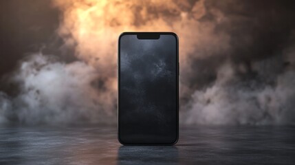 Smartphone stands against a backdrop of atmospheric smoke and fog