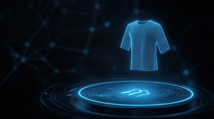 A holographic representation of a shirt displayed on a futuristic platform, showcasing advanced digital technology in clothing design.