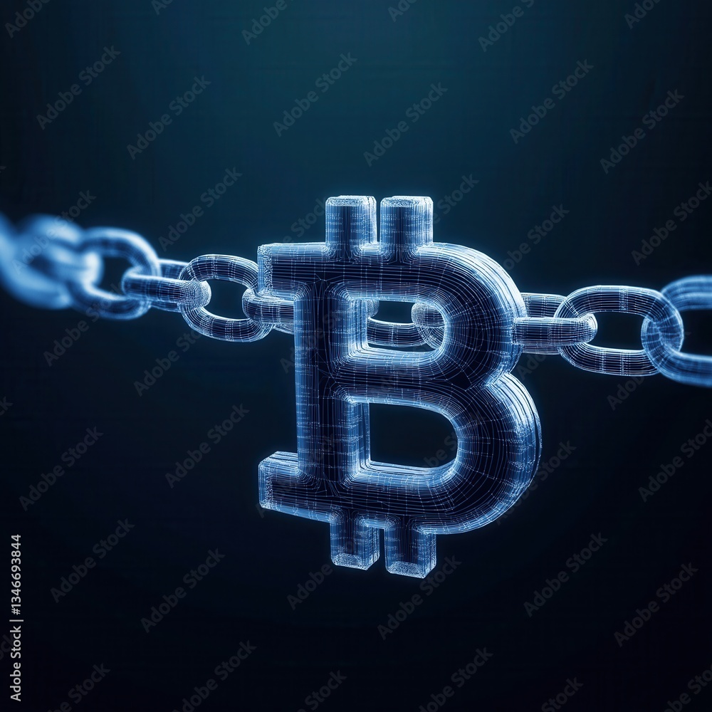 Poster a digital representation of a bitcoin symbol integrated with a chain, highlighting the concept of bl