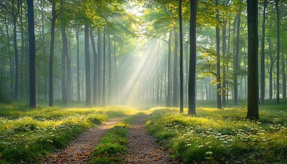 Fototapeta premium Sunbeams Path for Misty Forest Dawn.