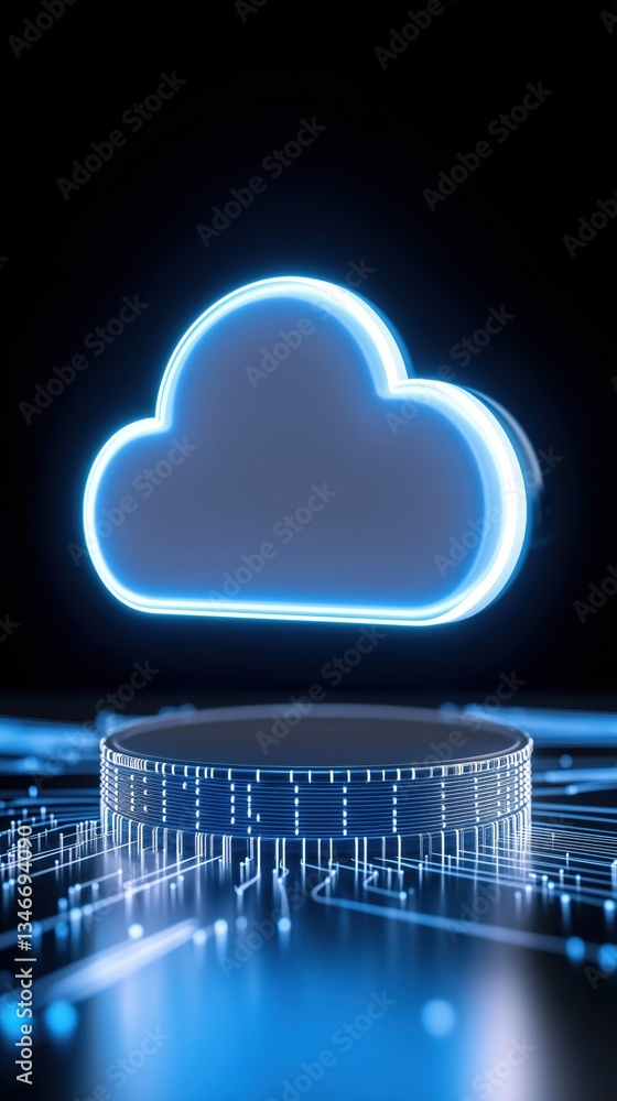 Poster a glowing cloud icon sits atop a circular platform, surrounded by a digital circuit design, symboliz