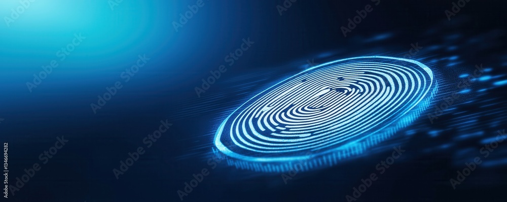 Poster a digital fingerprint design illuminated in blue, symbolizing security and technology.