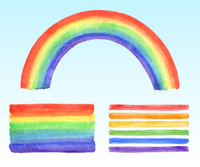 Fototapeta premium Watercolor six-striped rainbow arch, rectangle colorful gradient brush stroke, isolated stripes set. Hand drawn watercolour painted backgrounds. LGBTQ Gay Pride templates, text boxes, frames, borders