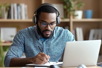 A young man wearing eyeglasses and wireless headphones, focused and happy, watches an educational lecture on his computer while taking online courses and improving his professional knowledge by