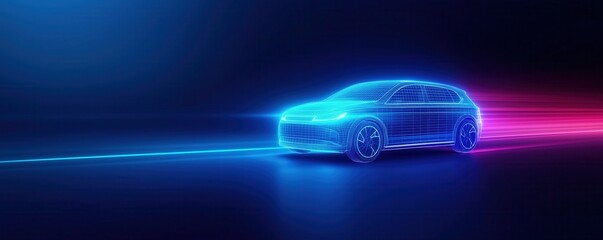 Obraz premium A futuristic car depicted with glowing lines, conveying speed and technology against a dark background.