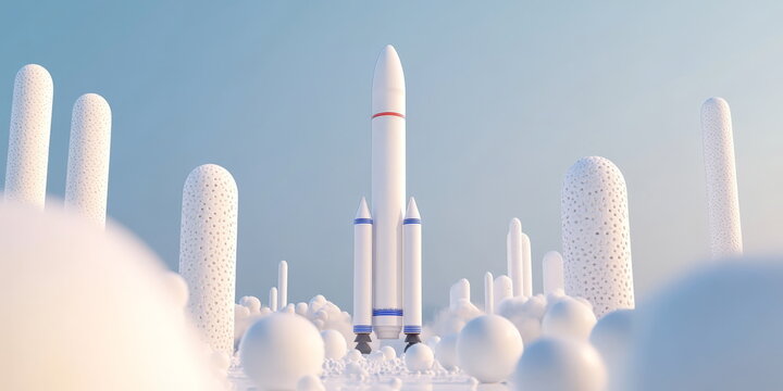 A white rocket stands tall on the blue sky
