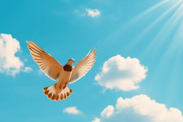 Obraz premium A graceful dove gracefully soars joyfully through the bright blue sky, beautifully symbolizing peace and renewal, embodying the true essence of Easter celebrations and the joyous spirit of springtime