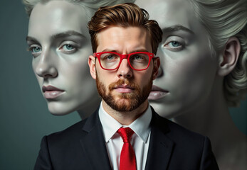 Portrait of Man with Red Glasses and Sculpted Female Figures