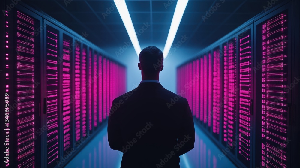 Poster a silhouette of a person in a data center, surrounded by rows of servers illuminated in pink light, 