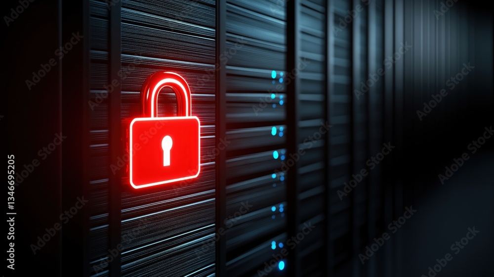 Poster a futuristic server room featuring a glowing red padlock symbolizing security and data protection in