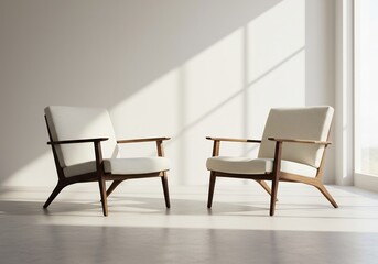 Mid century modern armchairs soft light minimalist interior design. AI Generated