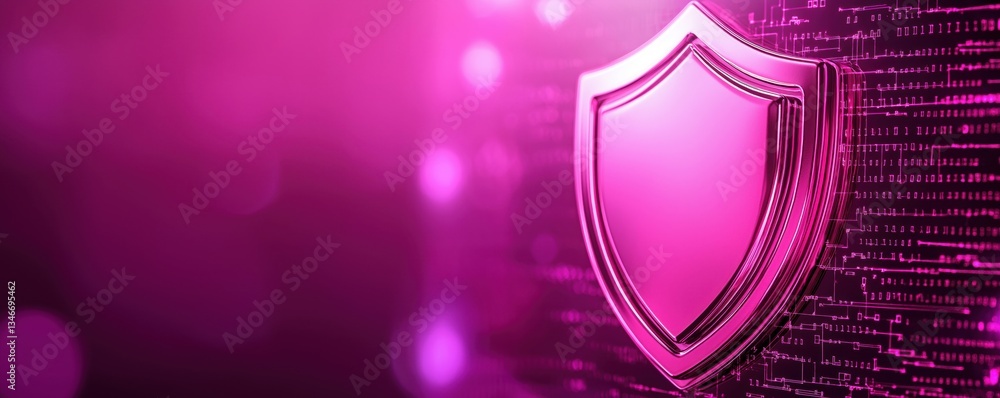 Poster a vibrant pink shield symbolizing security and protection against digital threats, set against a bac