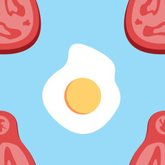 Meat and Egg Vector Seamless Pattern Digital Paper – Hand-Drawn Cartoon Style Food Background with Steak, Bacon, Fried Eggs, and Sausages for Culinary, BBQ, and Breakfast-Themed Designs