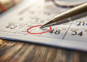 Close-up of a pen circling a date on a calendar page.