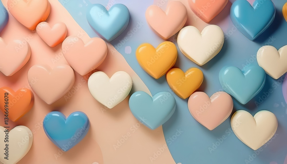 Poster pastel colored 3d heart shapes on abstract background with soft gradient hues, ideal for love themed