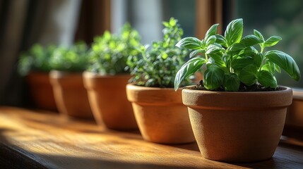 Sunlit Herbs Growing in Terracotta Pots on a Windowsill