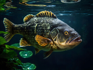 Underwater Fish Portrait: A mesmerizing aquatic creature swims gracefully beneath the surface, captured in exquisite detail, showcasing the ethereal beauty of marine life and underwater world. 