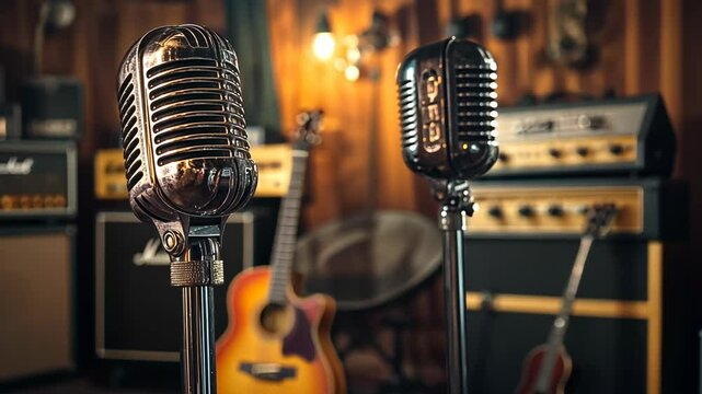Vintage microphones showcase in a cozy music studio with amplifiers and acoustic guitar