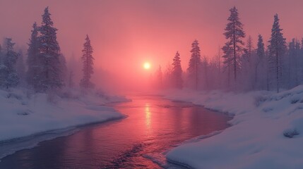 Pink sunset over a snow-covered river in a pine forest.
