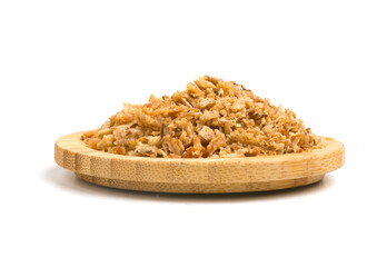 plate with fried onions on white background