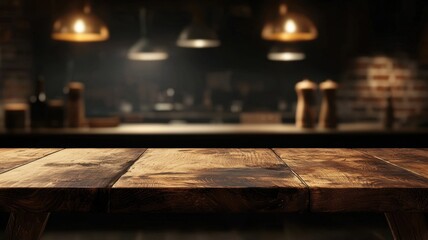 Rustic Empty wooden placement table illuminating blurred restaurant kitchen background, ideal for product top