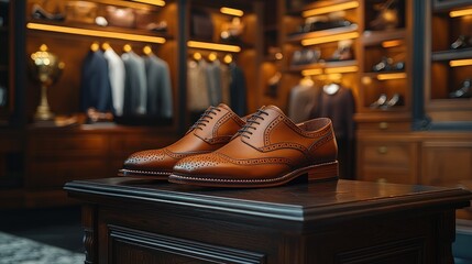 Brown leather dress shoes on display in a luxury men's store