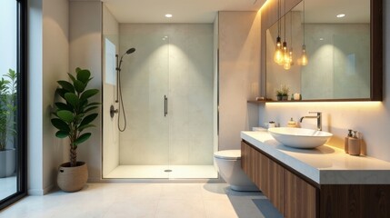 Fototapeta premium Modern minimalist bathroom design with walk-in shower and wooden vanity