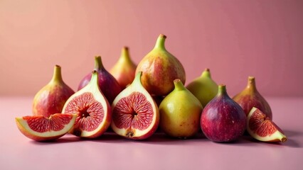 A vibrant collection of ripe figs, some sliced to reveal their luscious interior, arranged artfully against a soft pink backdrop.