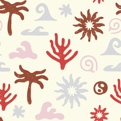 Seamless pattern with palm, starfish and sea shells 