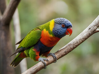 Obraz premium Rainbow Lorikeet Perched: A vibrant Rainbow Lorikeet, a kaleidoscope of colors, perches gracefully on a branch, its vivid plumage contrasting against the soft bokeh background.