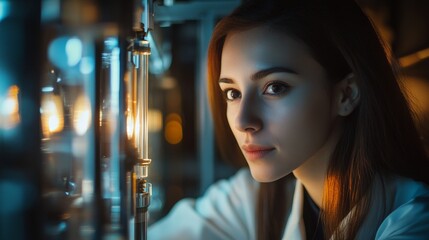 Fototapeta premium Young caucasian female scientist in laboratory with scientific equipment and lights
