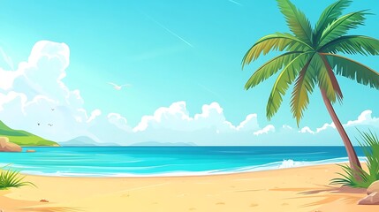Obraz premium Cartoon tropical beach background with vibrant sunset and palms