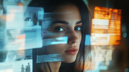Young caucasian woman engaged with digital interface displaying data and graphics